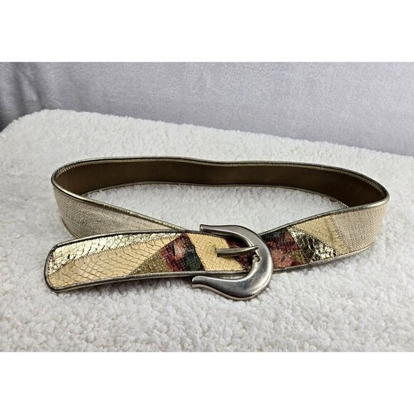 VTG 80s Leather Dress Belt by Dusty Baker Snakeskin Patchwork Lrg Silver Buckel - Picture 1 of 11